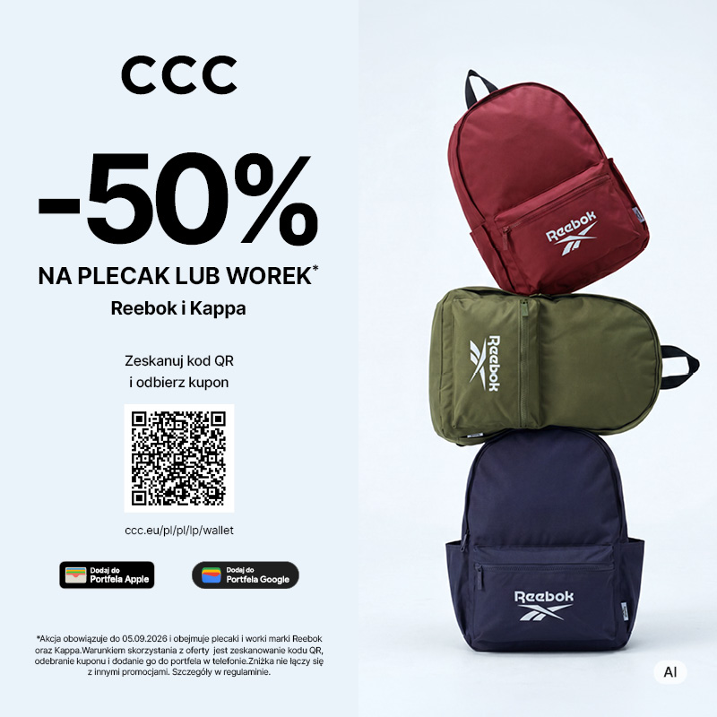 Trzy plecaki marki Reebok w kolorach bordowym, oliwkowym i granatowym, ułożone jeden na drugim. Obok nich widoczny jest napis CCC, -50% na plecak lub worek Reebok i Kappa oraz kod QR do zeskanowania kuponu.