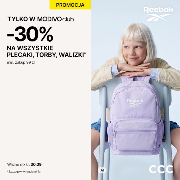 Dziewczynka z fioletowym plecakiem Reebok, obok informacja o promocji -30% na plecaki, torby i walizki w CCC z MODIVOclub.