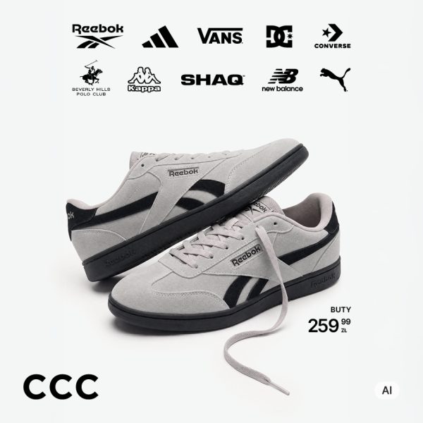 Para szarych butów sportowych Reebok z czarnymi detalami, leżących na białym tle. W tle widoczne logotypy marek takich jak Reebok, Adidas, Vans, DC, Converse, Beverly Hills Polo Club, Kappa, Shaq, New Balance, Puma oraz logo CCC.