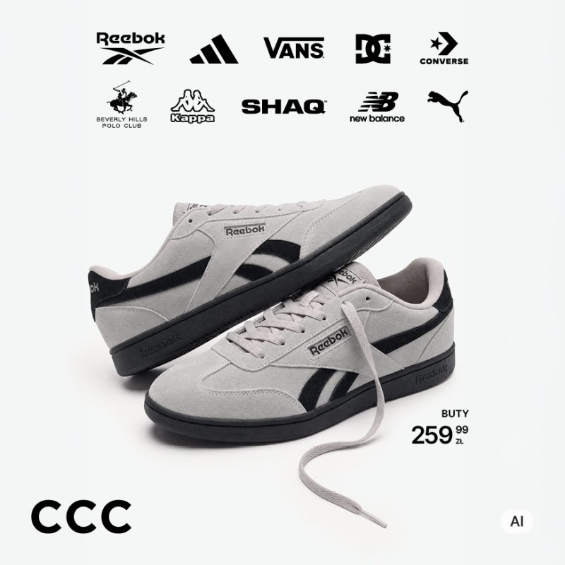 Para szarych butów sportowych Reebok z czarnymi detalami, leżących na białym tle. W tle widoczne logotypy marek takich jak Reebok, Adidas, Vans, DC, Converse, Beverly Hills Polo Club, Kappa, Shaq, New Balance, Puma oraz logo CCC.