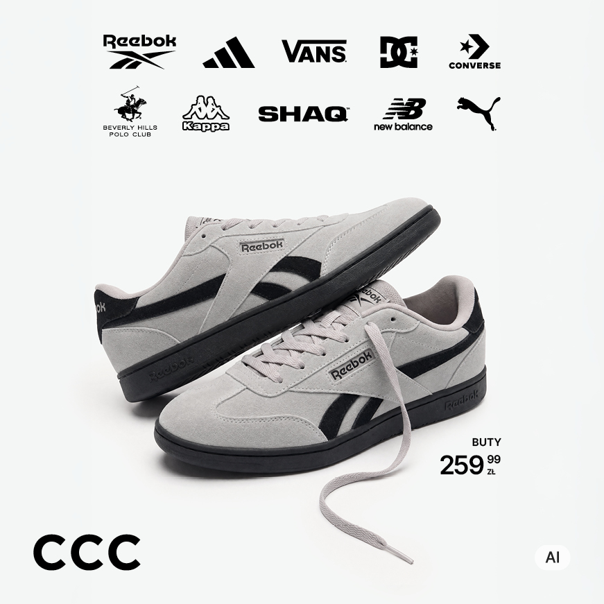 Para szarych butów sportowych Reebok z czarnymi detalami, leżących na białym tle. W tle widoczne logotypy marek takich jak Reebok, Adidas, Vans, DC, Converse, Beverly Hills Polo Club, Kappa, Shaq, New Balance, Puma oraz logo CCC.
