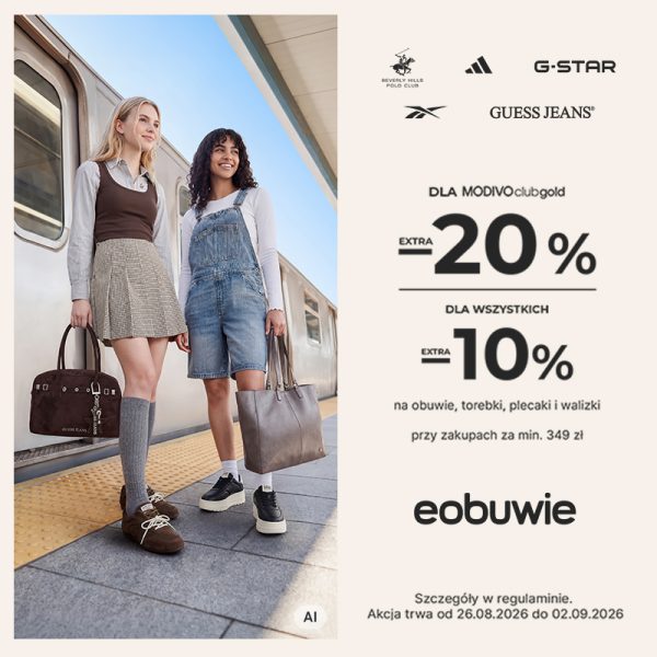 Dwie uśmiechnięte kobiety z torebkami stojące na peronie, obok nich logo eobuwie.pl i informacje o promocji -10% i -20% na obuwie, torebki, plecaki i walizki.