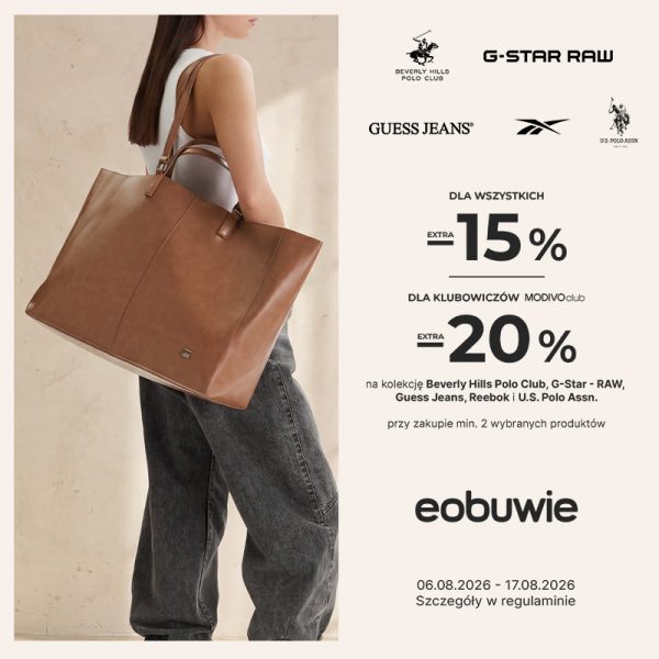 Kobieta z dużą, brązową torbą na ramieniu. Obok niej informacja o promocji w Eobuwie: -15% dla wszystkich i -20% dla klubowiczów MODIVOclub na wybrane marki.