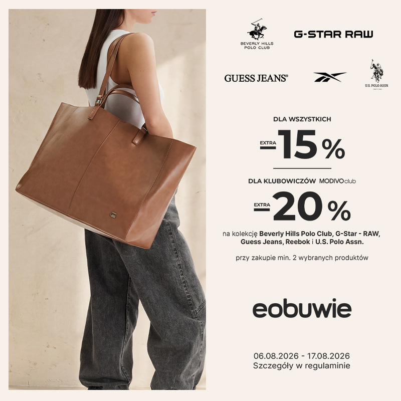 Kobieta z dużą, brązową torbą na ramieniu. Obok niej informacja o promocji w Eobuwie: -15% dla wszystkich i -20% dla klubowiczów MODIVOclub na wybrane marki.