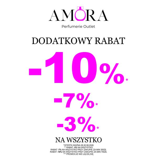 Grafika przedstawia logo Amora Perfumerie Outlet oraz informację o dodatkowym rabacie do -10% na wszystko, z wyszczególnieniem progów rabatowych.