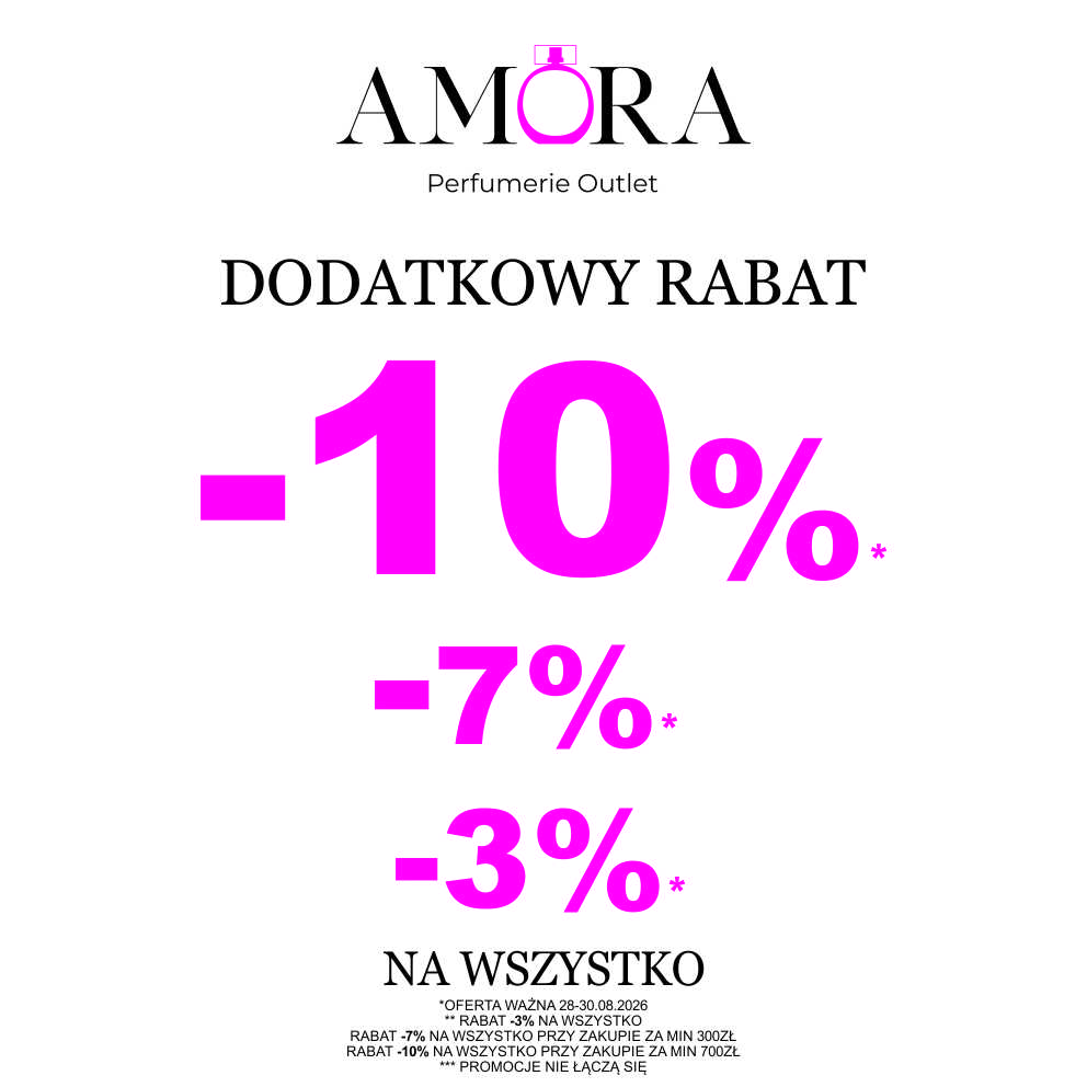 Grafika przedstawia logo Amora Perfumerie Outlet oraz informację o dodatkowym rabacie do -10% na wszystko, z wyszczególnieniem progów rabatowych.