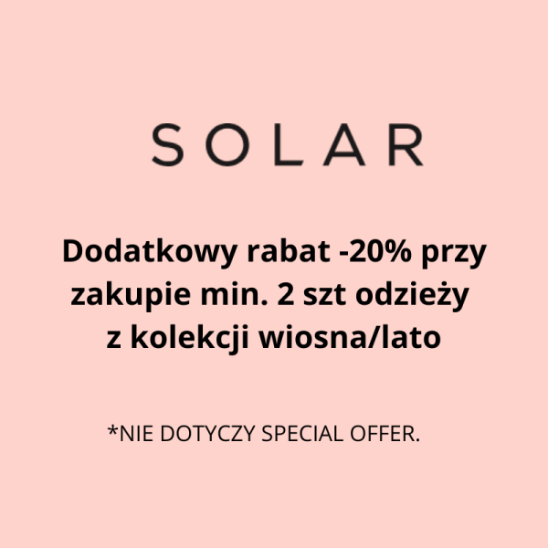 Grafika promocyjna marki Solar z napisem 'Dodatkowy rabat -20% przy zakupie min. 2 szt odzieży z kolekcji wiosna/lato'