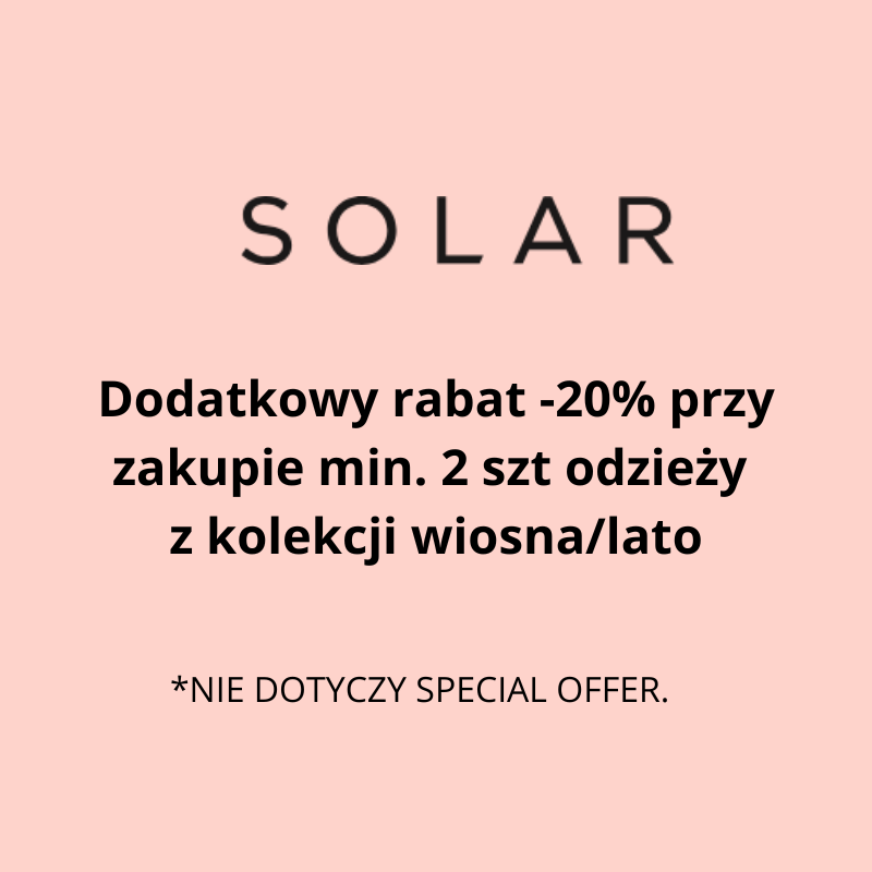 Grafika promocyjna marki Solar z napisem 'Dodatkowy rabat -20% przy zakupie min. 2 szt odzieży z kolekcji wiosna/lato'