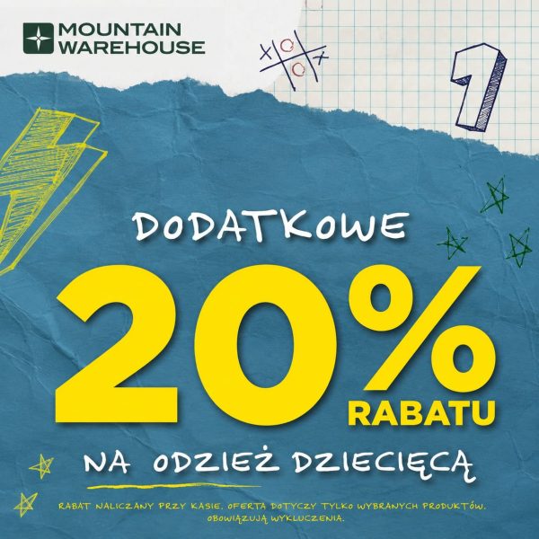 Grafika promocyjna Mountain Warehouse z napisem 'Dodatkowe 20% rabatu na odzież dziecięcą'.