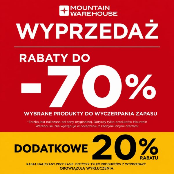 Grafika przedstawia promocję Mountain Warehouse z napisem \