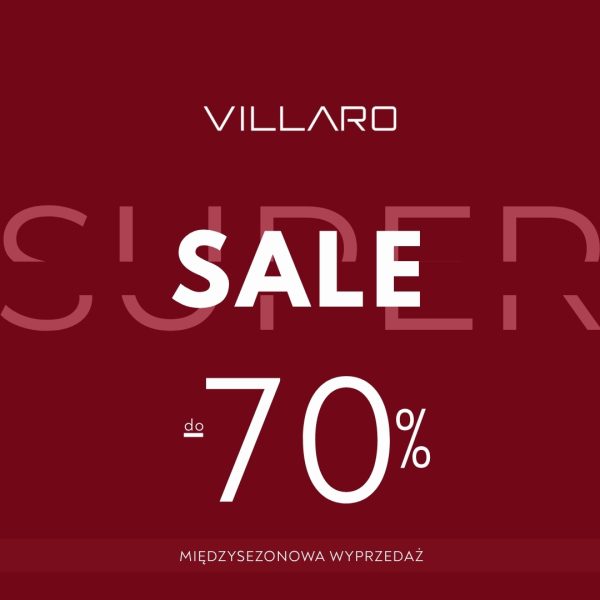 Czerwona grafika z białym napisem VILLARO, SUPER SALE i do -70%, oraz Międzysezonowa wyprzedaż