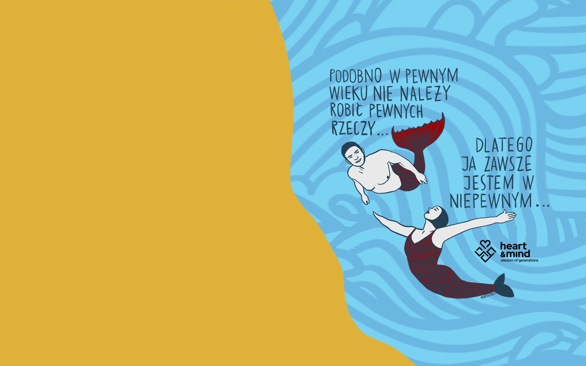 Ilustracja dwóch syren płynących w morzu – grafika kampanii Kariera 50Plus, wersja na komputery