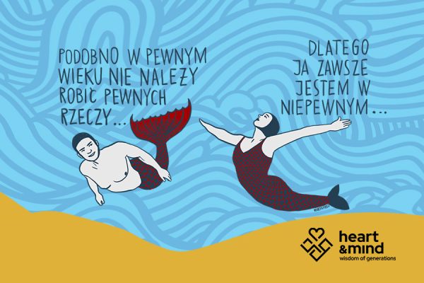 Ilustracja dwóch syren płynących w morzu – grafika kampanii Kariera 50Plus Fundacji Heart & Mind