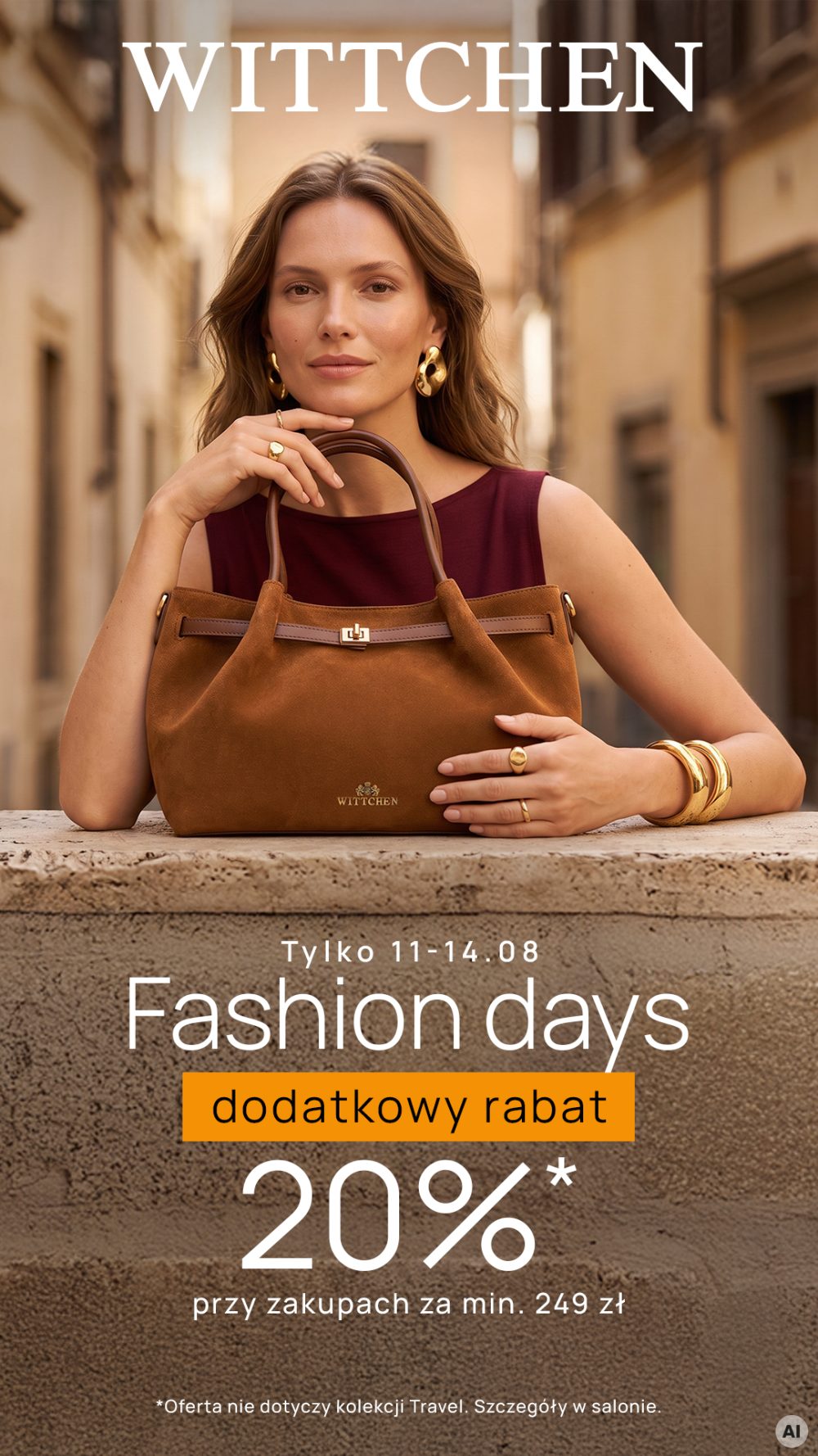 Kobieta z brązową torebką WITTCHEN, promująca Fashion Days z rabatem 20%
