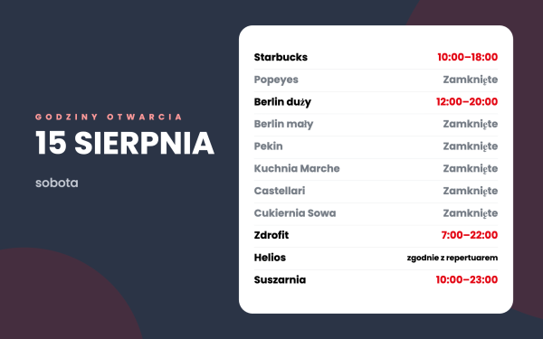 Godziny otwarcia w Outlet Park Szczecin 15 sierpnia – zestawienie czynnych lokali gastronomicznych i usługowych.
