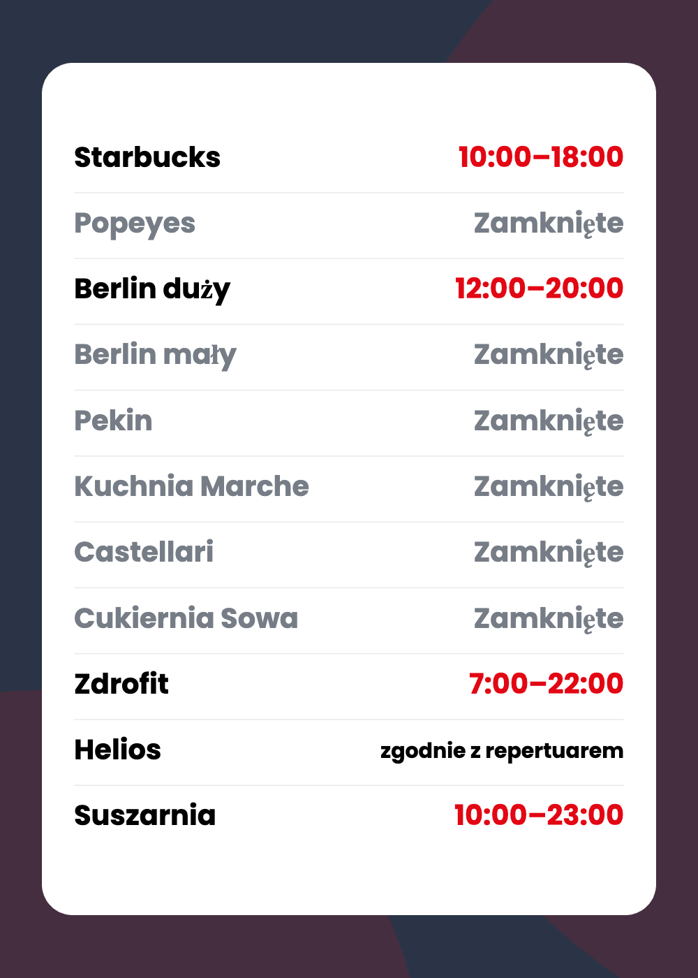 Zestawienie godzin otwarcia lokali w Outlet Park Szczecin 15 sierpnia.