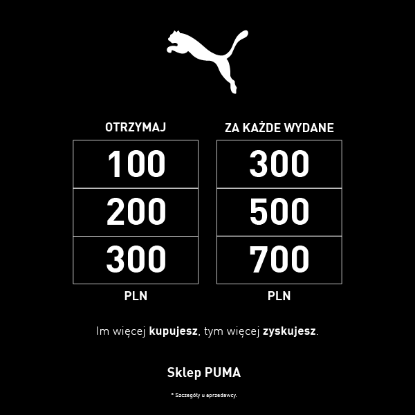 Grafika przedstawiająca promocję w sklepie Puma, gdzie za wydane kwoty (300, 500, 700 PLN) otrzymuje się odpowiednio 100, 200 lub 300 PLN.