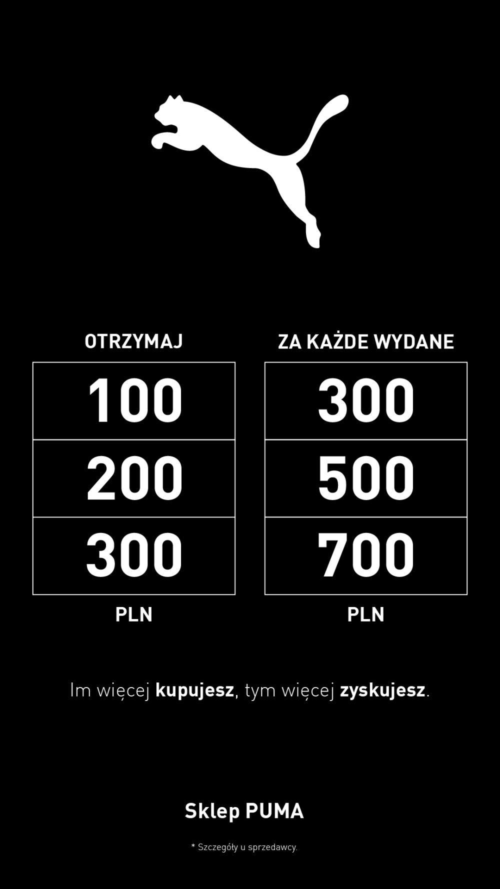 Grafika przedstawiająca promocję w sklepie Puma, gdzie za wydane kwoty (300, 500, 700 PLN) otrzymuje się odpowiednio 100, 200 lub 300 PLN.