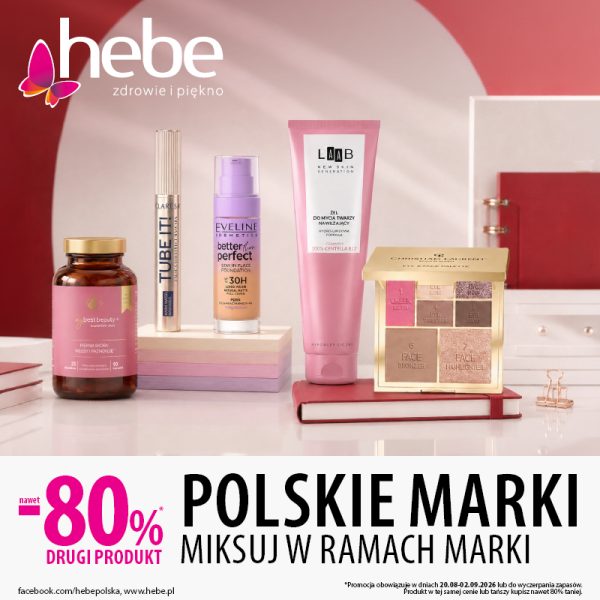 Grafika promocyjna Hebe z kosmetykami polskich marek i informacją o -80% na drugi produkt.
