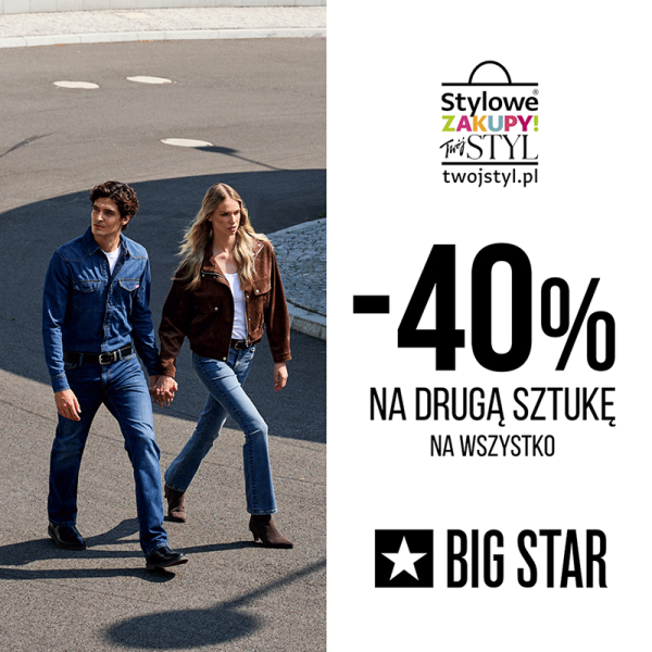 Para w jeansach BIG STAR i napis -40% na drugą sztukę na wszystko – promocja BIG STAR w Outlet Park Szczecin