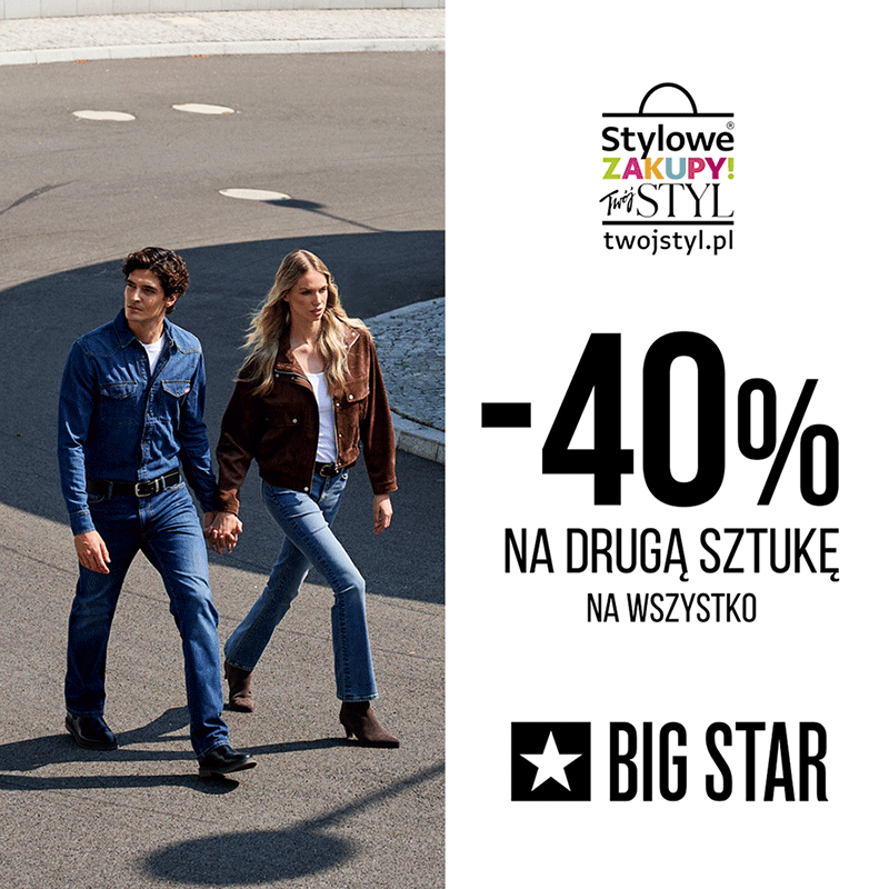 Para w jeansach BIG STAR i napis -40% na drugą sztukę na wszystko – promocja BIG STAR w Outlet Park Szczecin