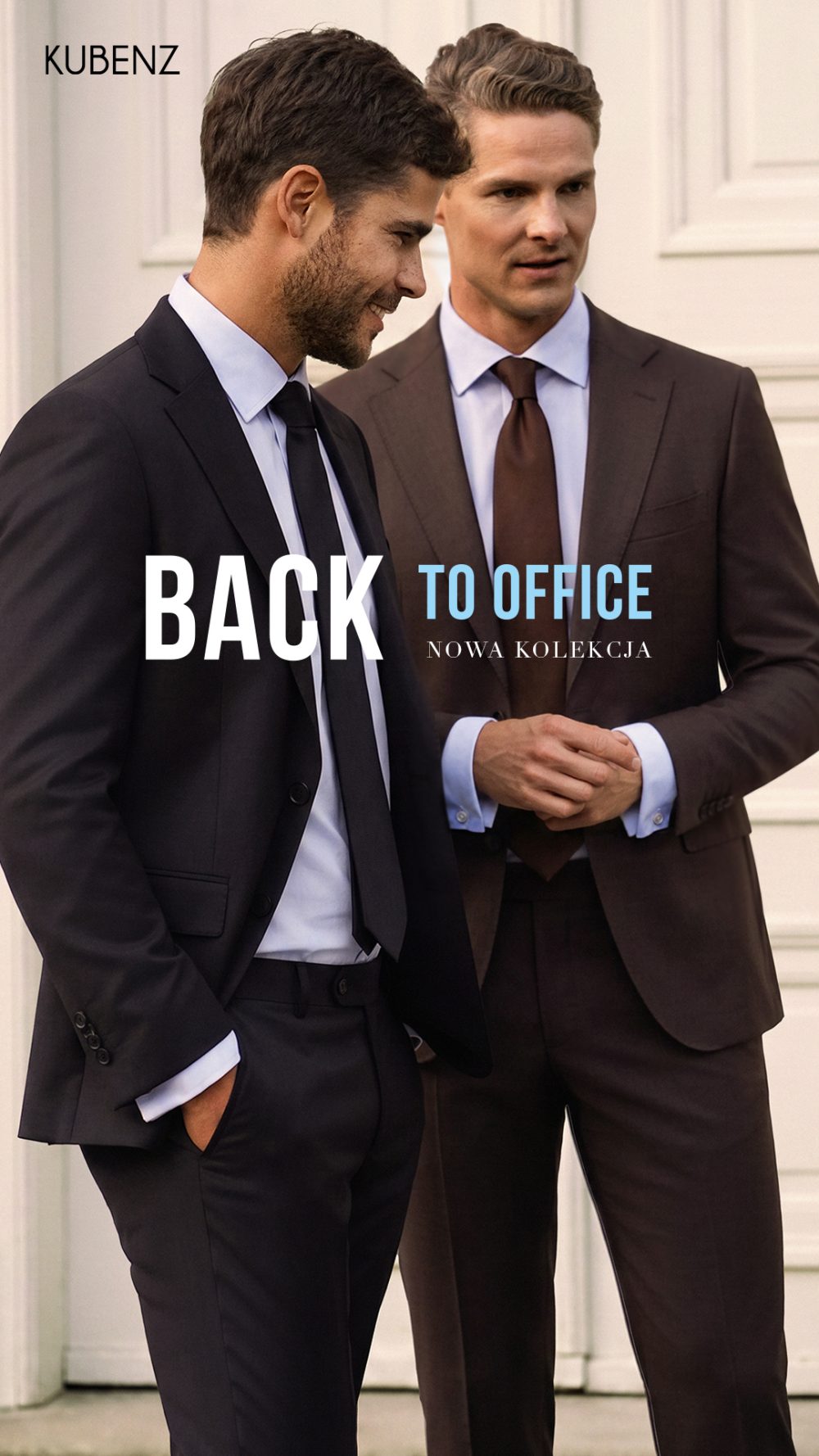 Dwóch elegancko ubranych mężczyzn w garniturach, z napisem 'BACK TO OFFICE NOWA KOLEKCJA' i logo Kubenz.