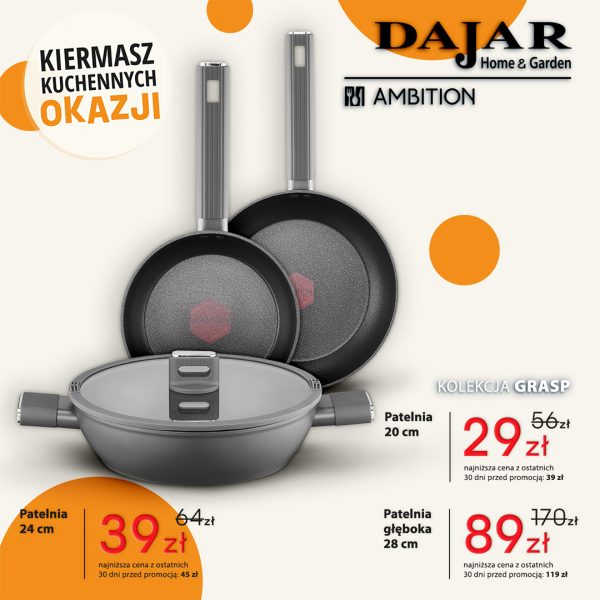Patelnie z kolekcji Ambition Grasp, w tym patelnia głęboka z pokrywką – Kiermasz Kuchennych Okazji w Dajar Home&Garden w Outlet Park Szczecin