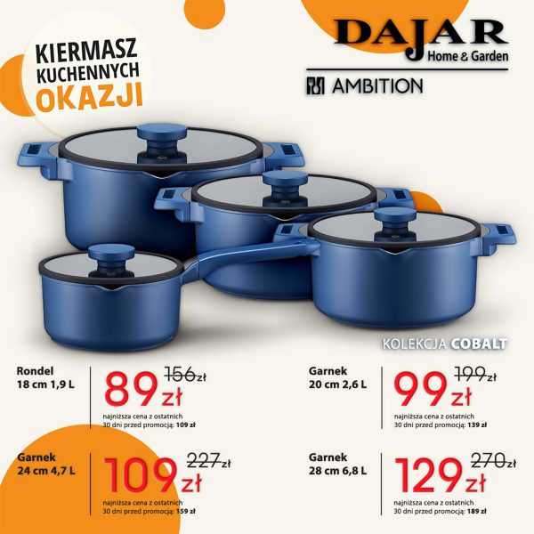 Granatowe garnki i rondel z kolekcji Ambition Cobalt – Kiermasz Kuchennych Okazji w Dajar Home&Garden w Outlet Park Szczecin