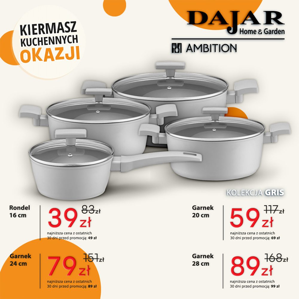 Jasnoszare garnki i rondel z kolekcji Ambition Gris – Kiermasz Kuchennych Okazji w Dajar Home&Garden w Outlet Park Szczecin