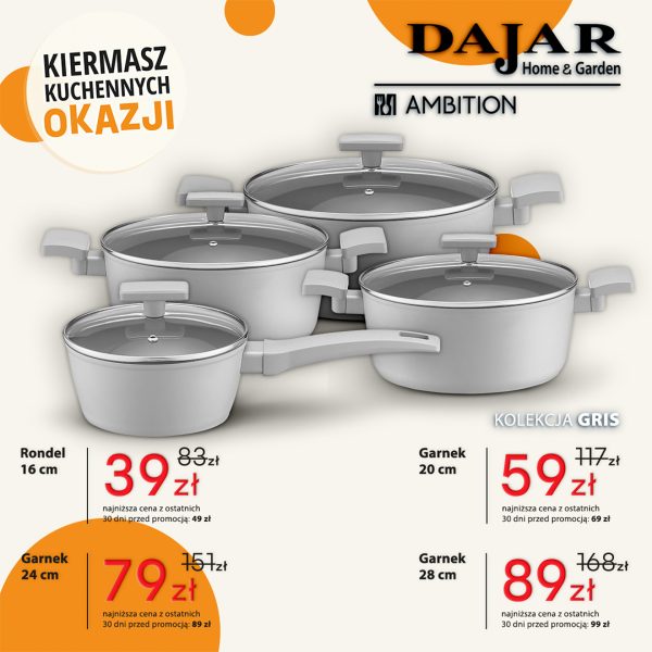 Jasnoszare garnki i rondel z kolekcji Ambition Gris – Kiermasz Kuchennych Okazji w Dajar Home&Garden w Outlet Park Szczecin