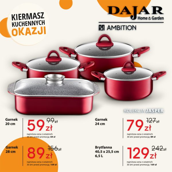 Czerwone garnki i brytfanna z kolekcji Ambition Jasper – Kiermasz Kuchennych Okazji w Dajar Home&Garden w Outlet Park Szczecin