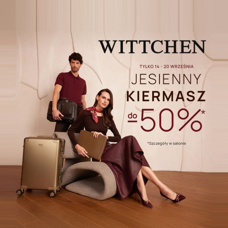 Para prezentuje produkty WITTCHEN: kobieta z torebką i mężczyzna z aktówką, obok walizka. W tle informacja o Jesiennym Kiermaszu do -50%.