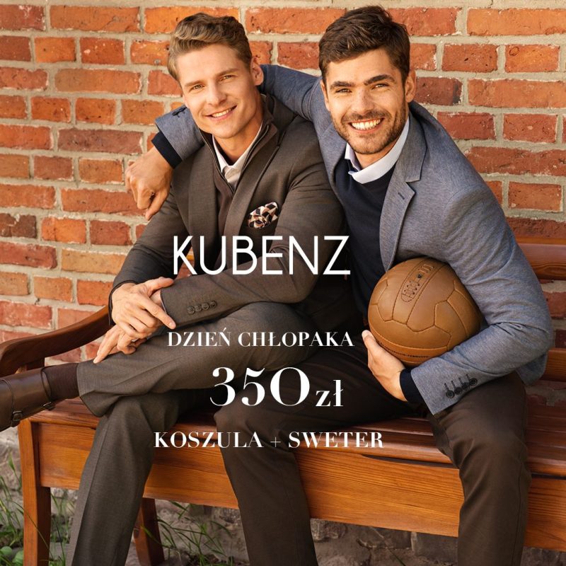 Dwóch mężczyzn w marynarkach i swetrach Kubenz z napisem Dzień Chłopaka 350 zł koszula + sweter – promocja w Outlet Park Szczecin
