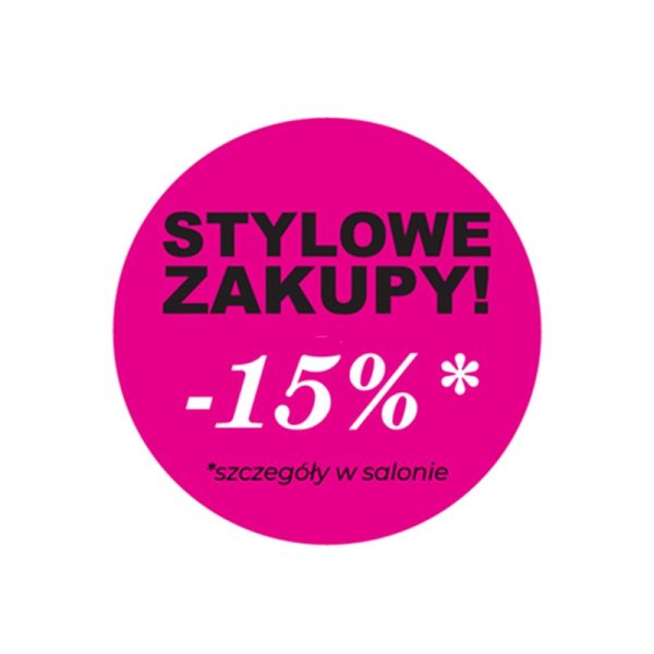 Różowe koło z napisem Stylowe Zakupy! -15% – promocja Marilyn w Outlet Park Szczecin