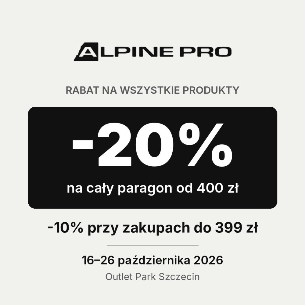Grafika promocji Alpine Pro w Outlet Park Szczecin: logo Alpine Pro, -20% na cały paragon od 400 zł, -10% przy zakupach do 399 zł, 16–26 października 2026