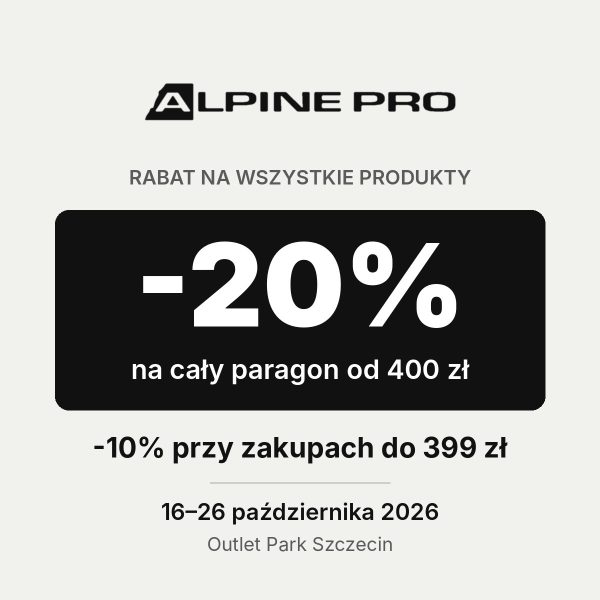 Grafika promocji Alpine Pro w Outlet Park Szczecin: logo Alpine Pro, -20% na cały paragon od 400 zł, -10% przy zakupach do 399 zł, 16–26 października 2026