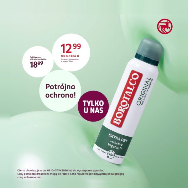 Antyperspirant Borotalco Original Extra Dry w sprayu, z informacjami o cenie i promocji.