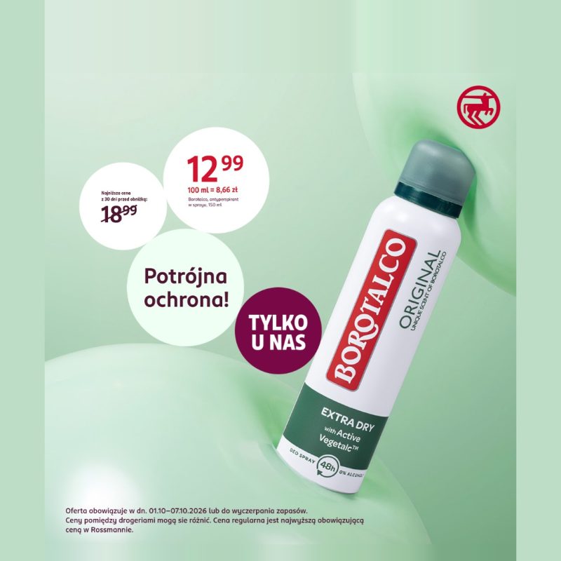 Antyperspirant Borotalco Original Extra Dry w sprayu, z informacjami o cenie i promocji.