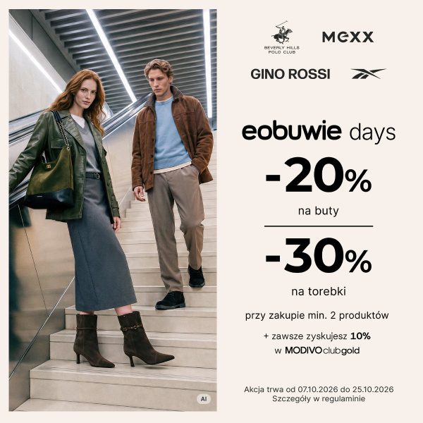 Grafika eobuwie days w Outlet Park Szczecin: kobieta i mężczyzna na schodach, logo Beverly Hills Polo Club, Mexx, Gino Rossi i Reebok, -20% na buty, -30% na torebki przy zakupie min. 2 produktów, akcja do 25.10.2026