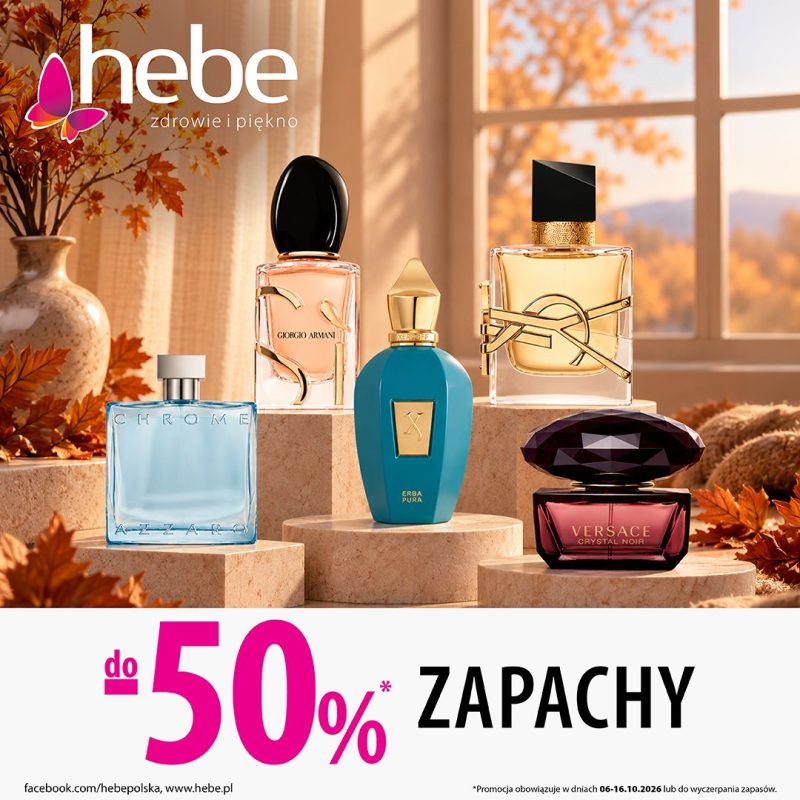 Grafika Hebe: flakony perfum na jesiennym tle i napis do -50% zapachy, Outlet Park Szczecin