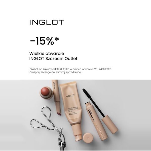 Grafika promocji Inglot -15% z okazji otwarcia wyspy w Outlet Park Szczecin