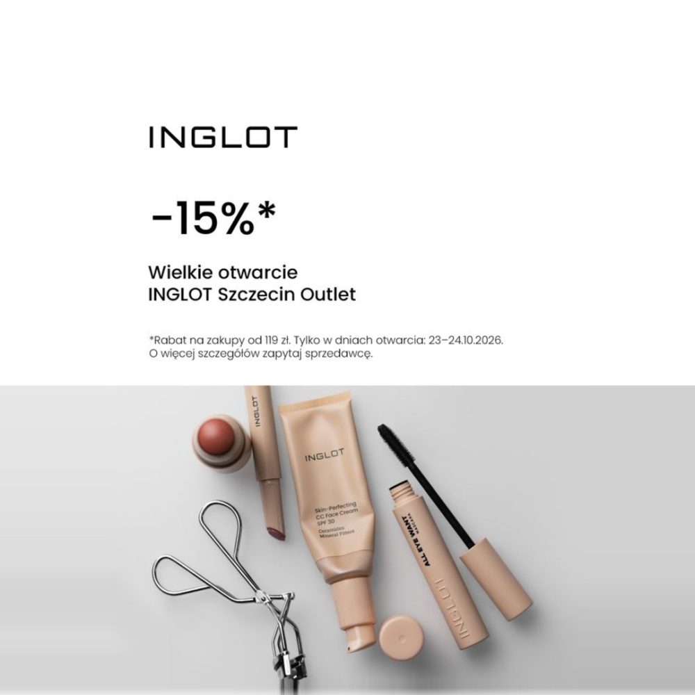Grafika promocji Inglot -15% z okazji otwarcia wyspy w Outlet Park Szczecin