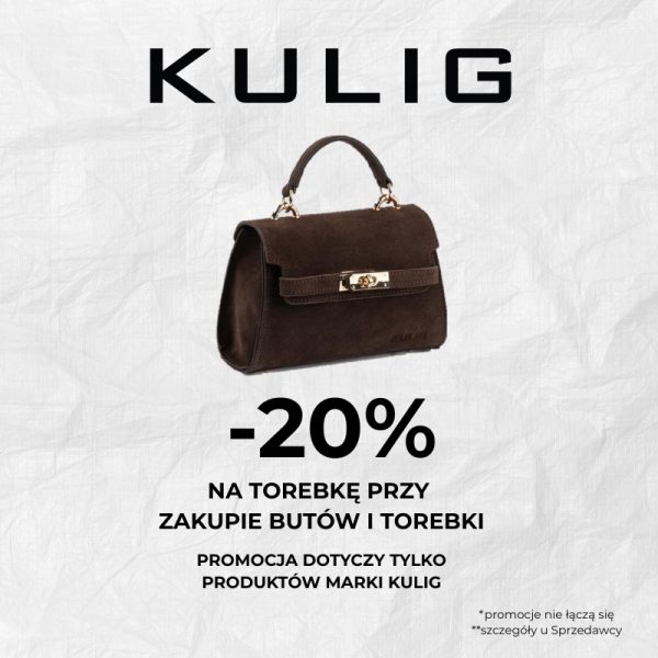 Brązowa zamszowa torebka Kulig i napis -20% na torebkę przy zakupie butów i torebki – promocja w Outlet Park Szczecin