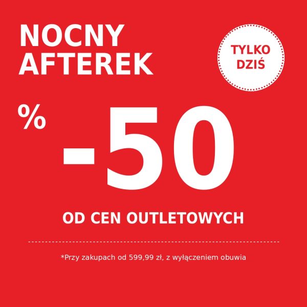 Czerwona grafika Nocny Afterek, tylko dziś -50% od cen outletowych przy zakupach od 599,99 zł – Lee Cooper, Outlet Park Szczecin