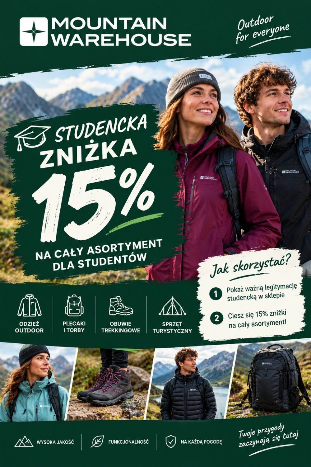 Grafika Mountain Warehouse w Outlet Park Szczecin: studencka zniżka 15% na cały asortyment, para w kurtkach outdoorowych na tle gór