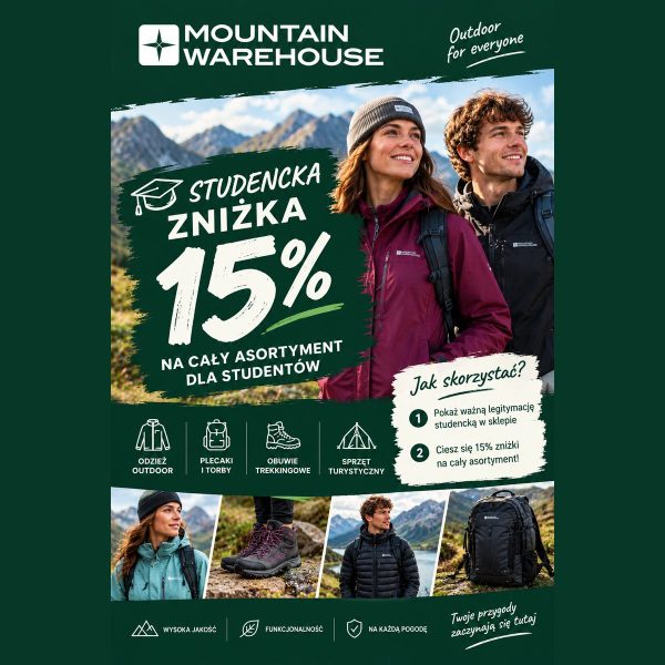 Grafika Mountain Warehouse w Outlet Park Szczecin: studencka zniżka 15% na cały asortyment, para w kurtkach outdoorowych na tle gór