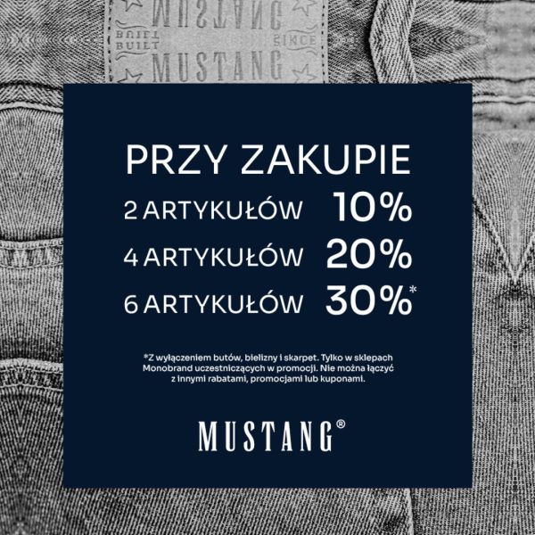 Grafika promocji Mustang: 10% przy 2 artykułach, 20% przy 4, 30% przy 6 – Outlet Park Szczecin