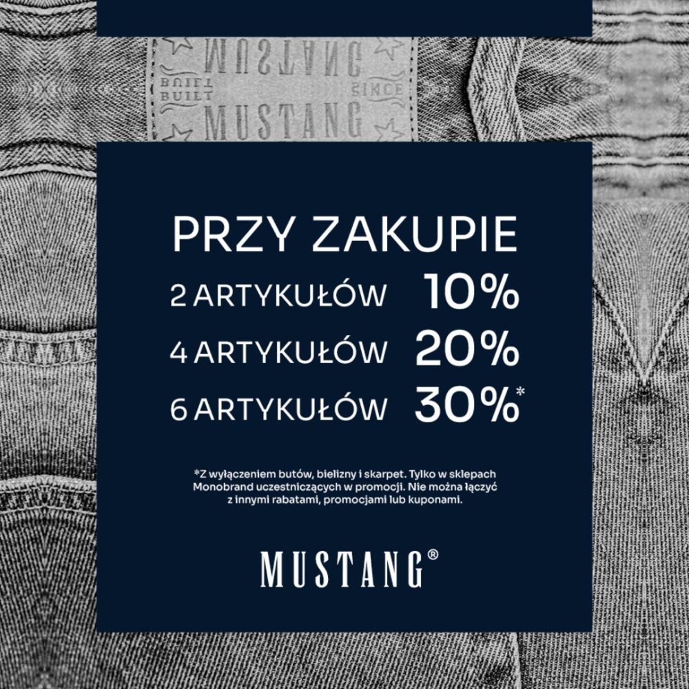 Grafika promocji Mustang: 10% przy 2 artykułach, 20% przy 4, 30% przy 6 – Outlet Park Szczecin