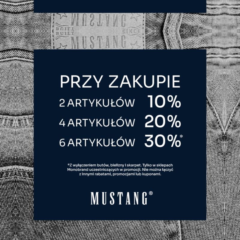 Grafika promocji Mustang: 10% przy 2 artykułach, 20% przy 4, 30% przy 6 – Outlet Park Szczecin