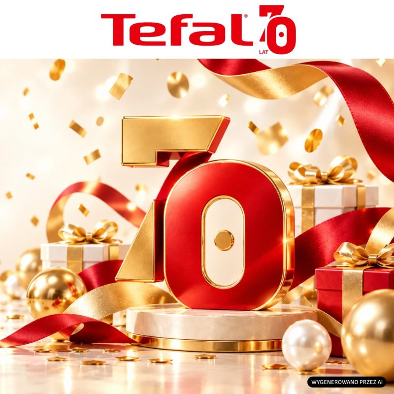Grafika Tefal 70 lat w Outlet Park Szczecin: logo Tefal 70 lat, czerwono-złota cyfra 70, prezenty i wstążki